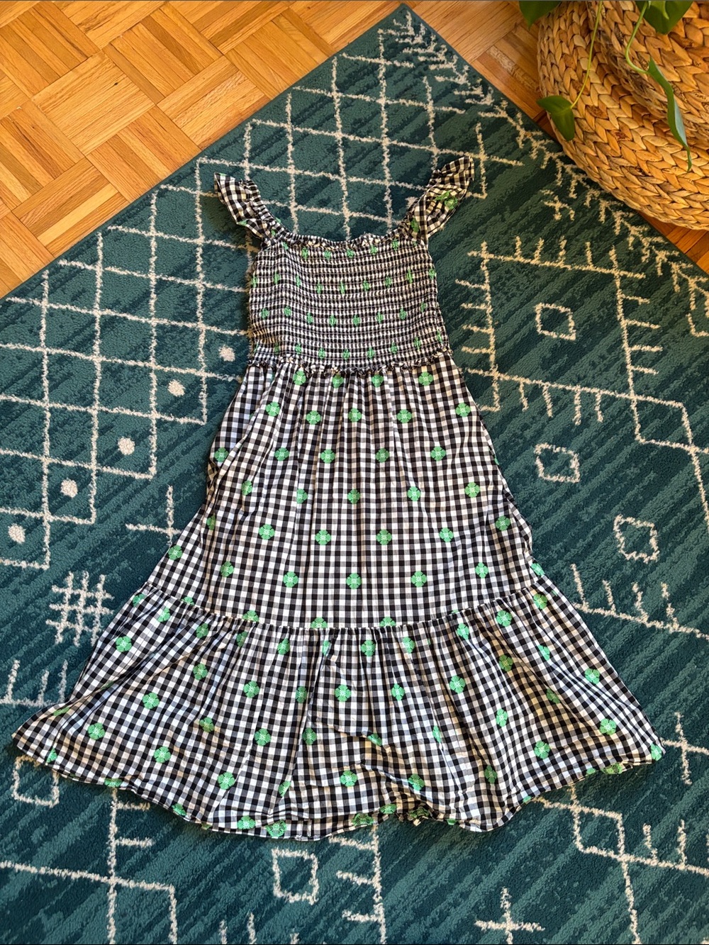 Kate Spade Black & White Gingham Dress with Green Embroidered Spade